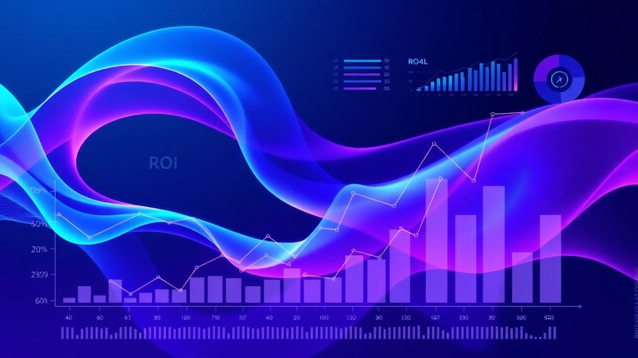 Data analytics visualization with ROI metrics, growth charts, and financial indicators in vibrant blue and purple gradients