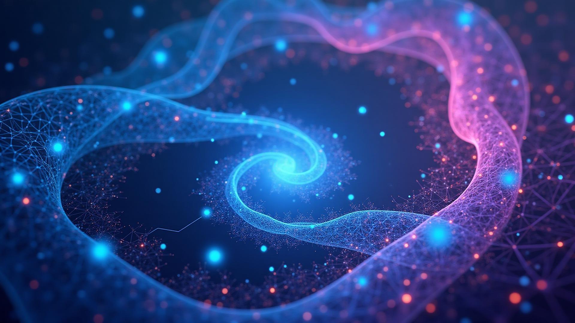 Strategic framework visualization with geometric patterns and neural network connections in blue and purple gradients