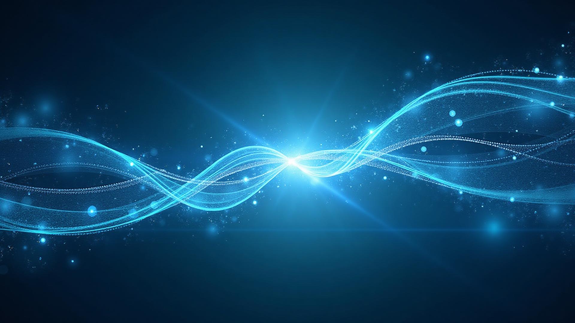 Abstract representation of business transformation with flowing blue energy streams and digital patterns